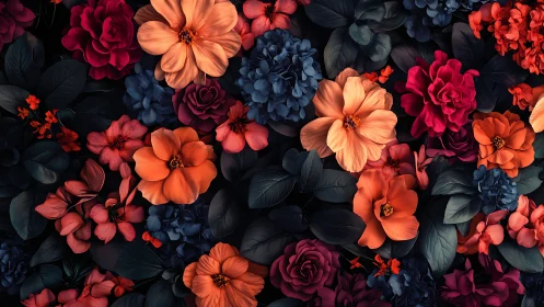 Layered Floral Composition with Contrasting Color Palette and Dark Background