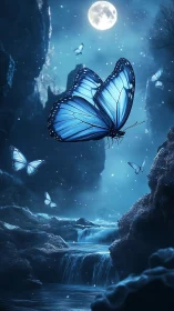Moonlit blue butterflies over a secret midnight waterfall.