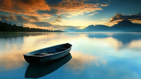 Rowboat rests on reflective lake under layered evening clouds