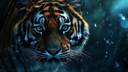 Gentle night tiger with luminous eyes in a dreamy glow.