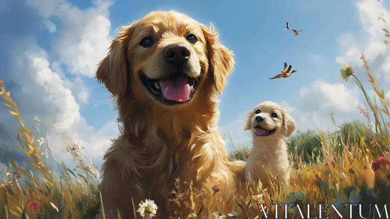 Golden retriever and puppy enjoy a bright meadow day.