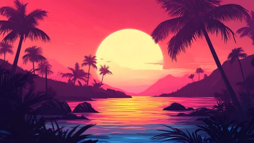 Neon gradient tropical sunset with silhouetted palms and reflective bay