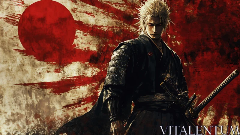 Samurai warrior before distressed rising sun banner.