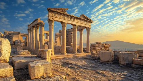 Ancient Greek temple ruins under low-angle evening light.