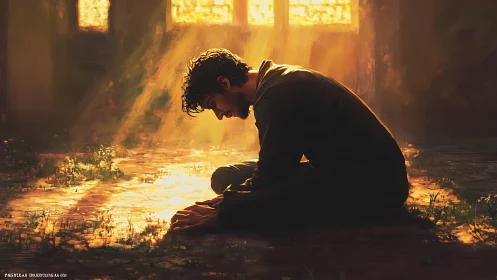 Man kneels on sunlit floor under warm window light rays