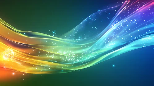 Glowing rainbow light ribbons drift gently through darkness