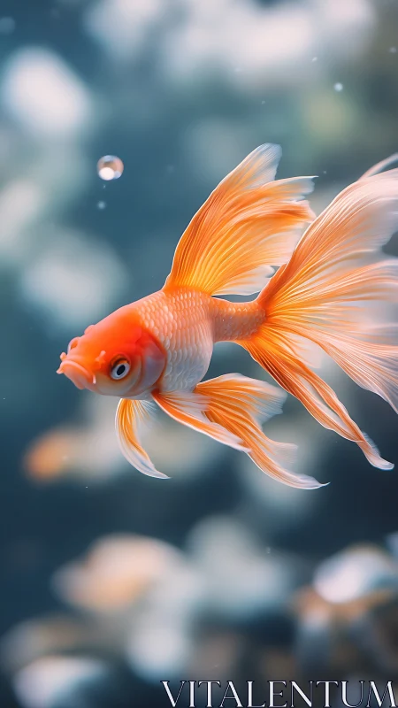 Elegant orange goldfish glides softly through dreamy water