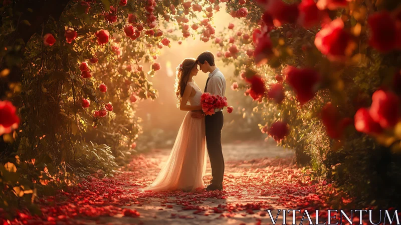 Romantic Floral Tunnel: Golden Hour Wedding Portrait.