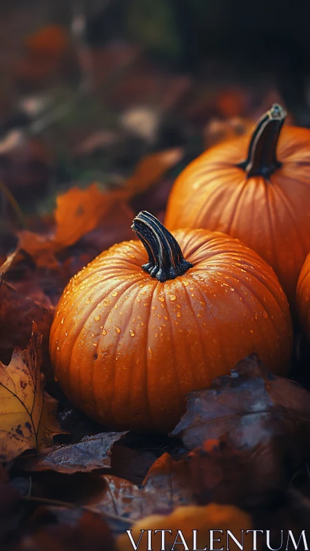 Pumpkins resting in dewy autumn leaves at golden dusk.
