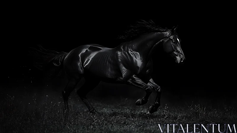 Black horse galloping in dark low key lighting at night.