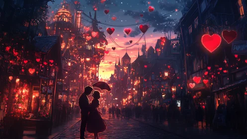 Couple kissing beneath umbrella in neon-lit urban street at sunset