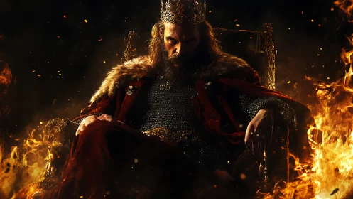 Dark medieval king sits on burning throne amid rising flames