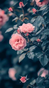 Pink Roses in Bloom with Soft Focus Garden Background