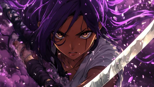 Purple haired swordswoman advances with blade in foreground