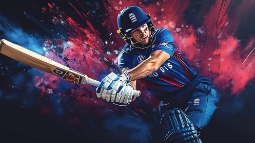 Dynamic cricket batsman swinging through vivid color bursts.