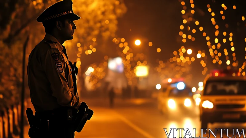 Night street police patrol with defocused festive city lights