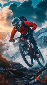 Mountain biker performing aerial maneuver against dramatic cumulus cloud formation