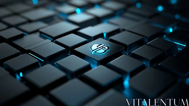 Isometric grid of square keys with central glowing symbol.