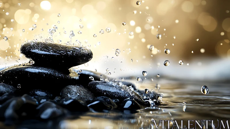 Zen river stones under water splash with golden bokeh glow.