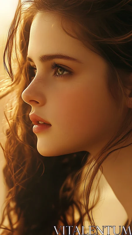 Side profile portrait of young woman in warm sunlight.