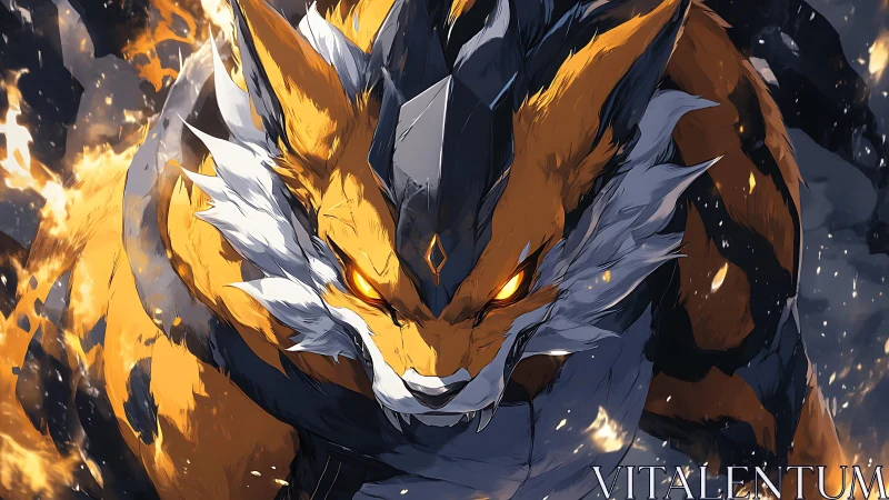 Blazing titan wolf lunges through molten storm of sparks.