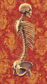 Side-view human skeleton spine over ornate red field.