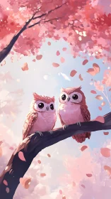 Pink owls on cherry blossom branch in soft spring light.