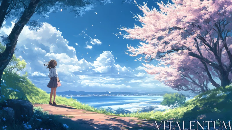Schoolgirl under cherry blossoms facing luminous coastal sky.