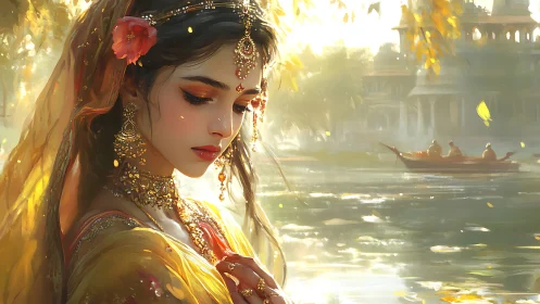 Digital painting shows woman in ornate attire beside river