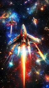 Retro-styled starfighters launch through luminous galaxy.