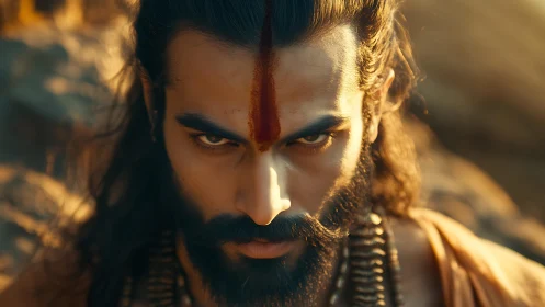 Intense warrior gaze glowing in warm golden light.