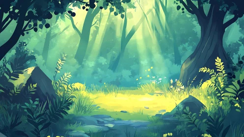 Rendered forest clearing with trees, undergrowth, and directional light