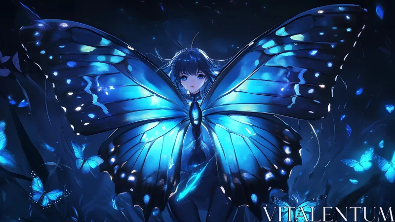 Luminous blue butterfly guardian in ethereal anime composition.