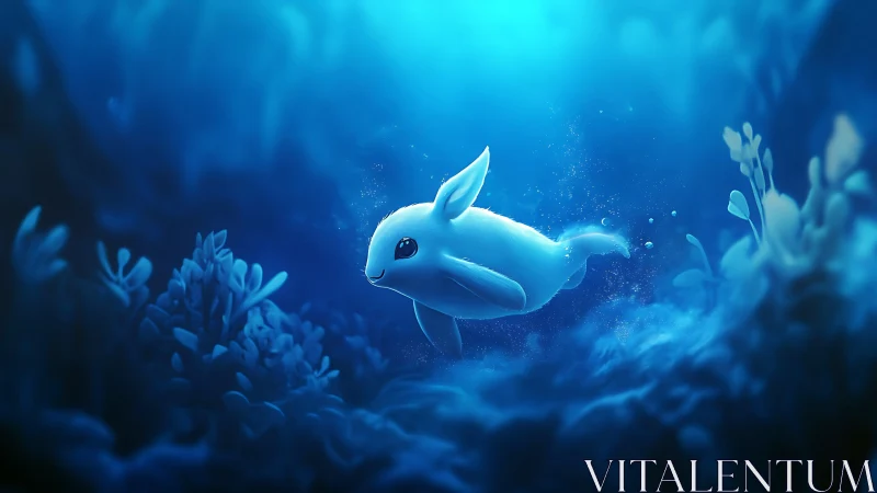 Cute white sea creature glides through glowing blue ocean.