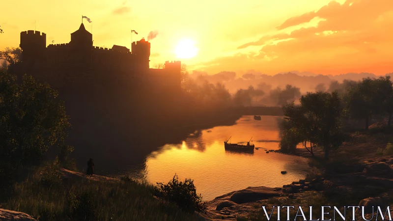 Medieval riverside fortress under low sun at dusk.