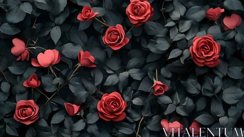 Coral Roses and Dark Foliage Composition.