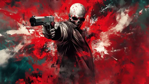 Skull masked gunman in red abstract digital backdrop.