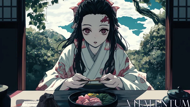 Anime girl in kimono eating colorful meal outdoors.