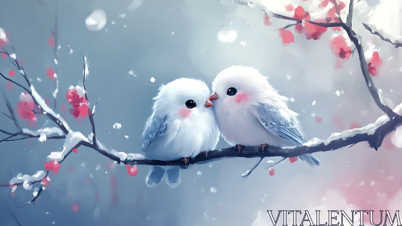 Two White Birds on Snowy Branch with Pink Blossoms