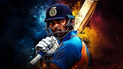 Cricket batter holds poised swing amid fiery cosmic backdrop.