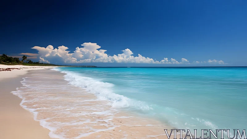 Tropical shoreline shows turquoise water, white surf and clouds