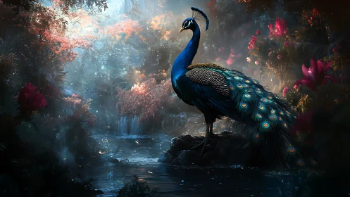 Iridescent peacock rendered in high-contrast volumetric forest light
