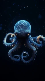 Bioluminescent blue octopus floats in dark ocean water.