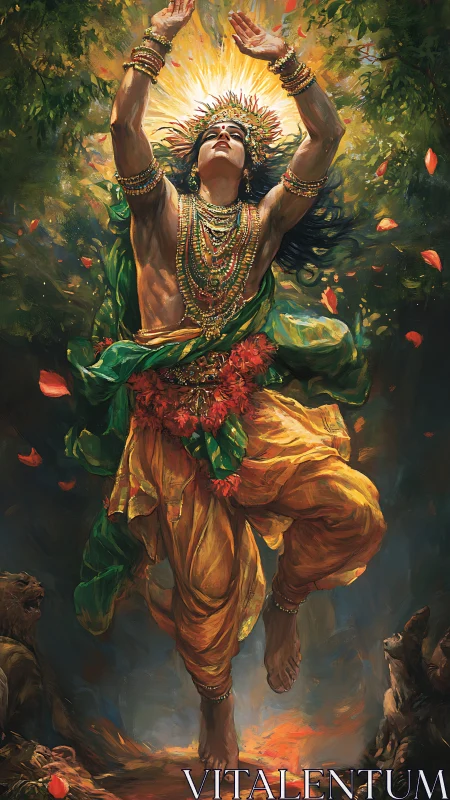 Joyful forest dancer lifts radiant face toward golden light