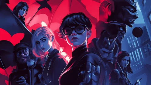 Bold urban heroes gather under neon red night skies.