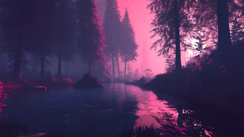 Neon-Saturated Arboreal Waterscape with Chromatic Atmospheric Dispersion.