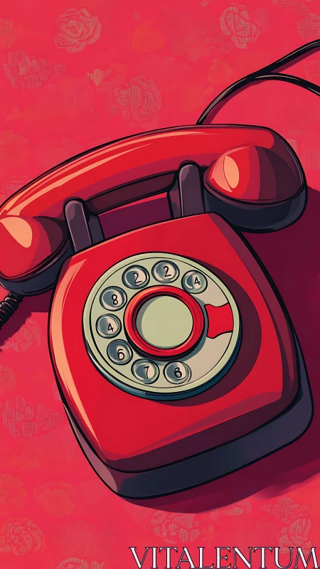 Vector-style red rotary telephone on patterned rose ground.