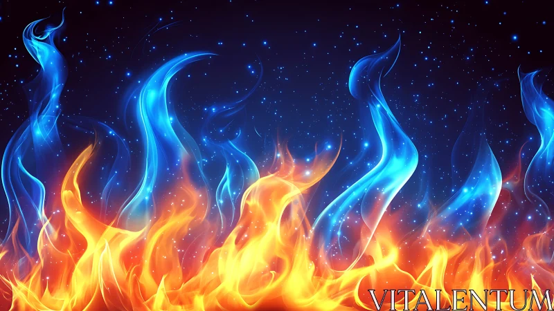 Cosmic Fire Eruption: Blue and Gold Ethereal Flames.