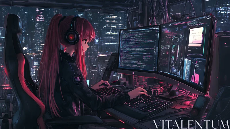 Female operator monitors multi-screen coding station at night