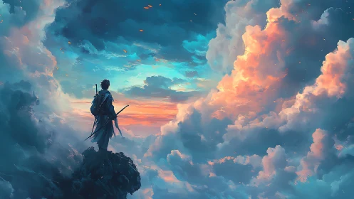 Solitary swordsman observes luminous stratiform clouds at dawn